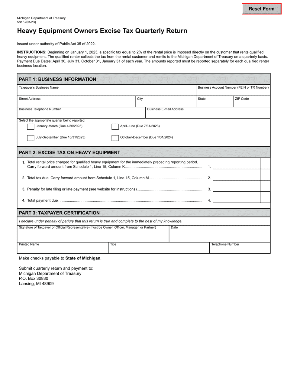 Form 5815 Heavy Equipment Owners Excise Tax Quarterly Return - Michigan, Page 1