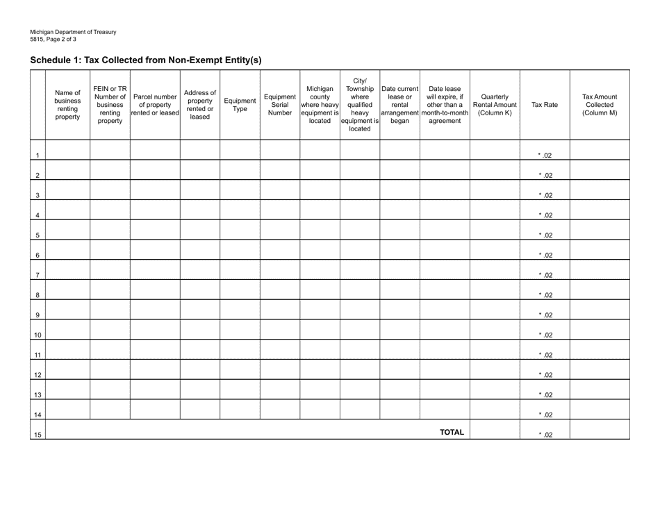 Form 5815 Heavy Equipment Owners Excise Tax Quarterly Return - Michigan, Page 2