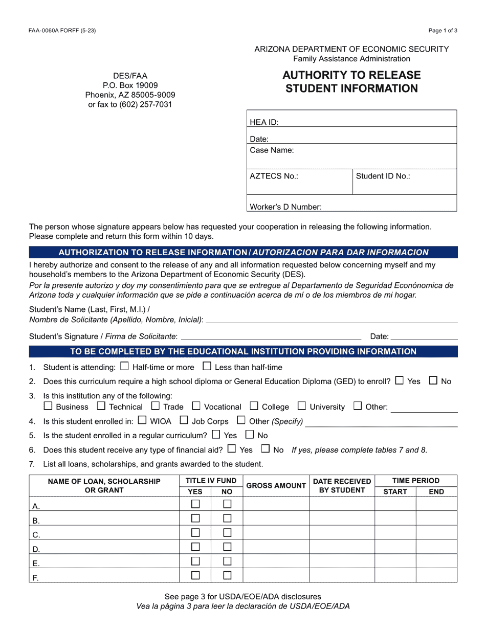 Form FAA-0060A Authority to Release Student Information - Arizona, Page 1