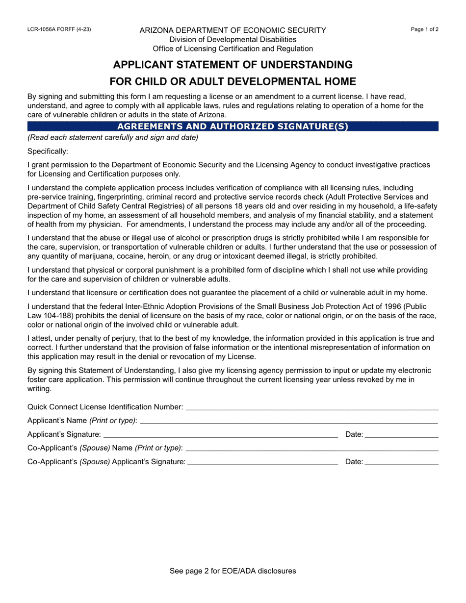 Form LCR-1056A Applicant Statement of Understanding for Child or Adult Developmental Home - Arizona, Page 1