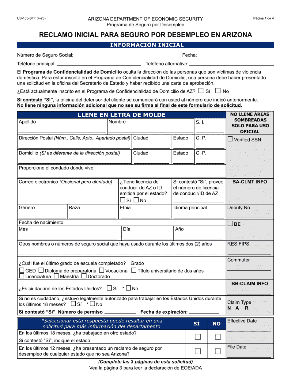 Formulario UB-105-S Reclamo Inicial Para Seguro Por Desempleo En Arizona - Arizona (Spanish), Page 1