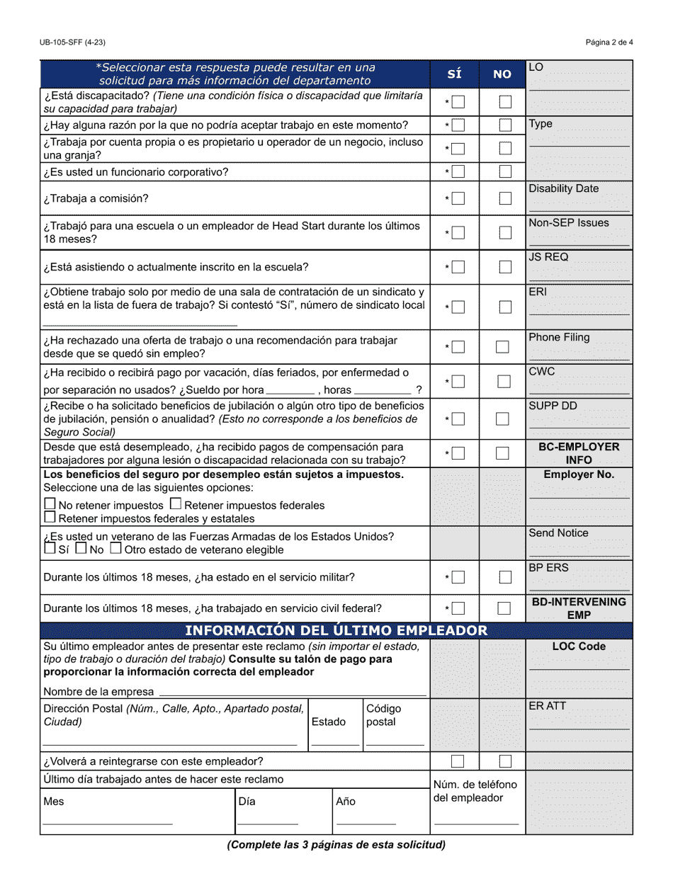 Formulario UB-105-S Reclamo Inicial Para Seguro Por Desempleo En Arizona - Arizona (Spanish), Page 2