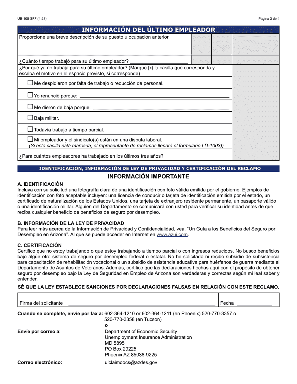 Formulario UB-105-S Reclamo Inicial Para Seguro Por Desempleo En Arizona - Arizona (Spanish), Page 3