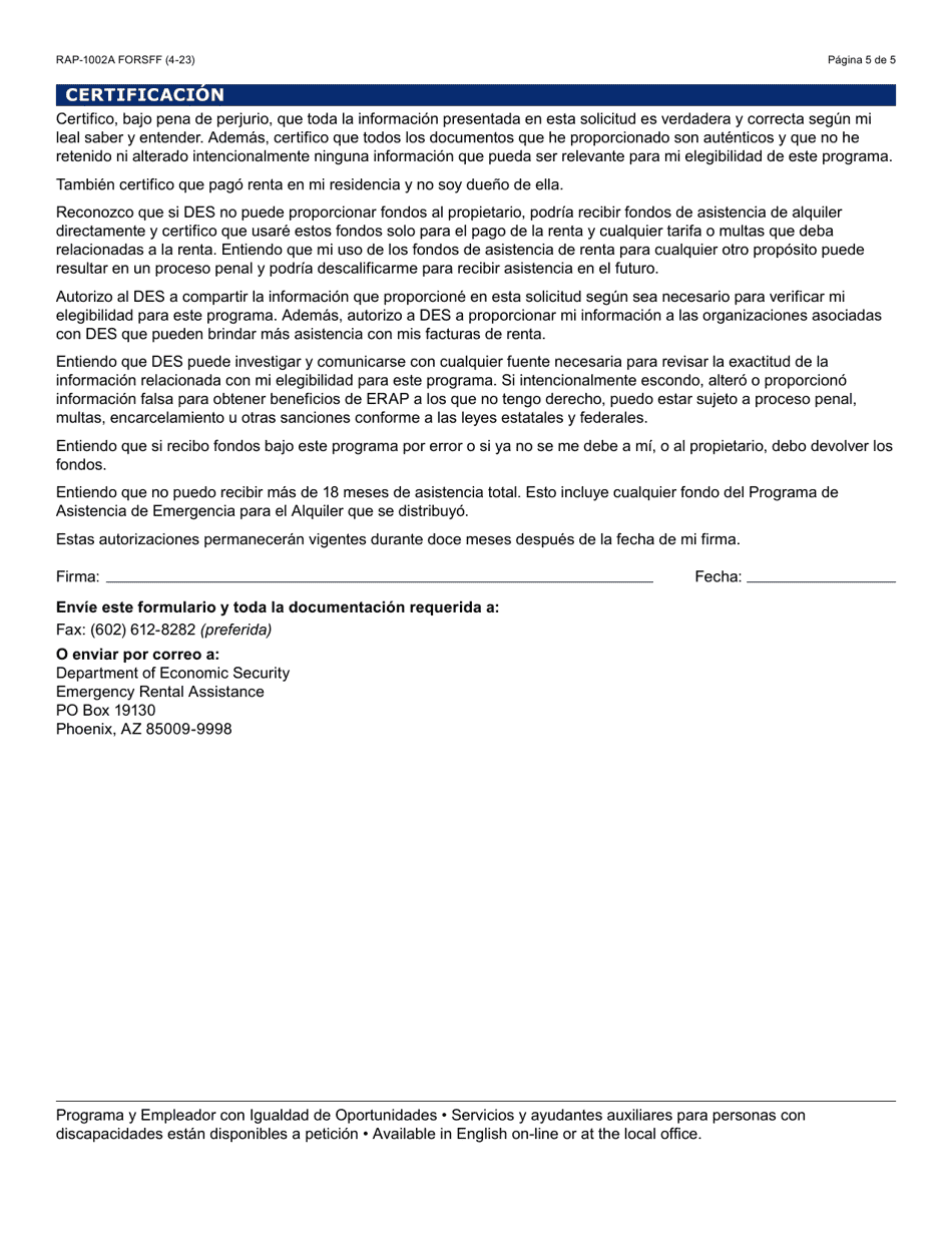 Formulario RAP-1002A-S Solicitud Manual Para El Programa De Asistencia De Emergencia Para El Alquiler - Arizona (Spanish), Page 5