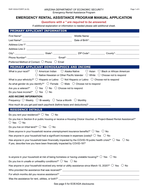 Form RAP-1002A Emergency Rental Assistance Program Manual Application - Arizona