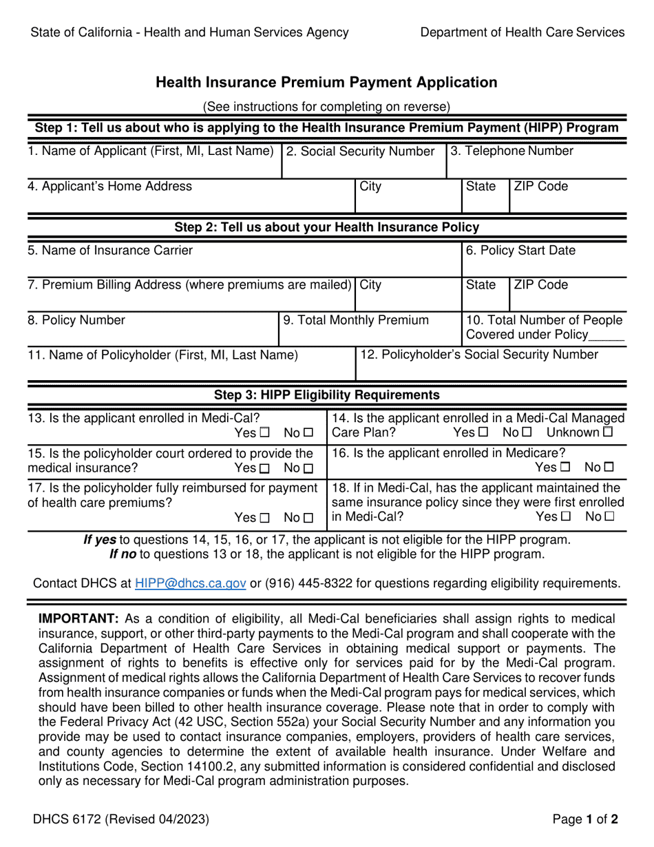Form DHCS6172 Health Insurance Premium Payment Application - California, Page 1