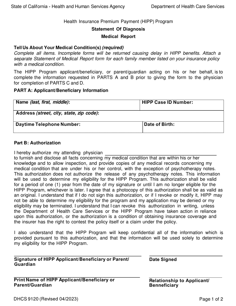 Form DHCS9120 Statement of Diagnosis Medical Report - Health Insurance Premium Payment (HIPP) Program - California, Page 1