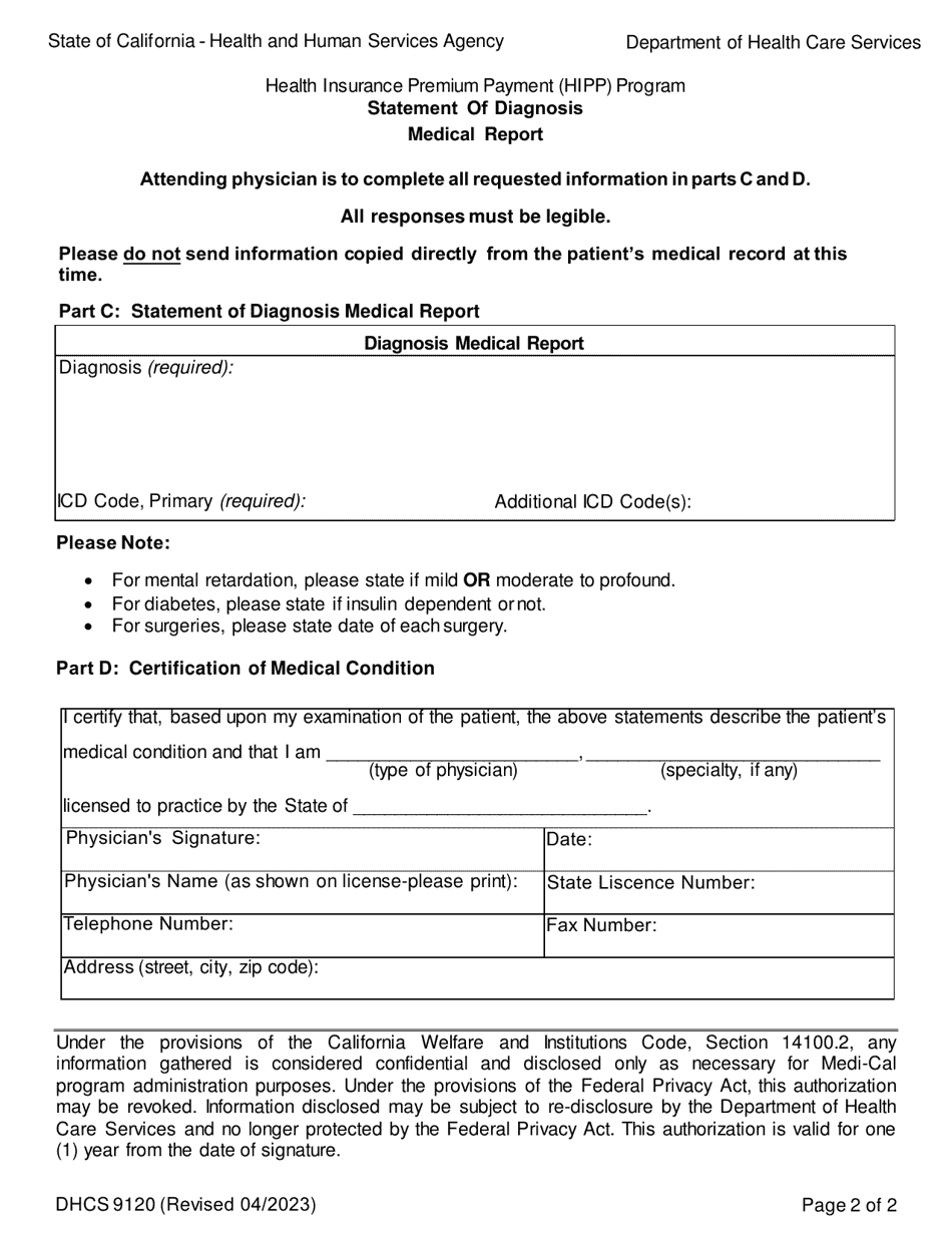 Form DHCS9120 Statement of Diagnosis Medical Report - Health Insurance Premium Payment (HIPP) Program - California, Page 2