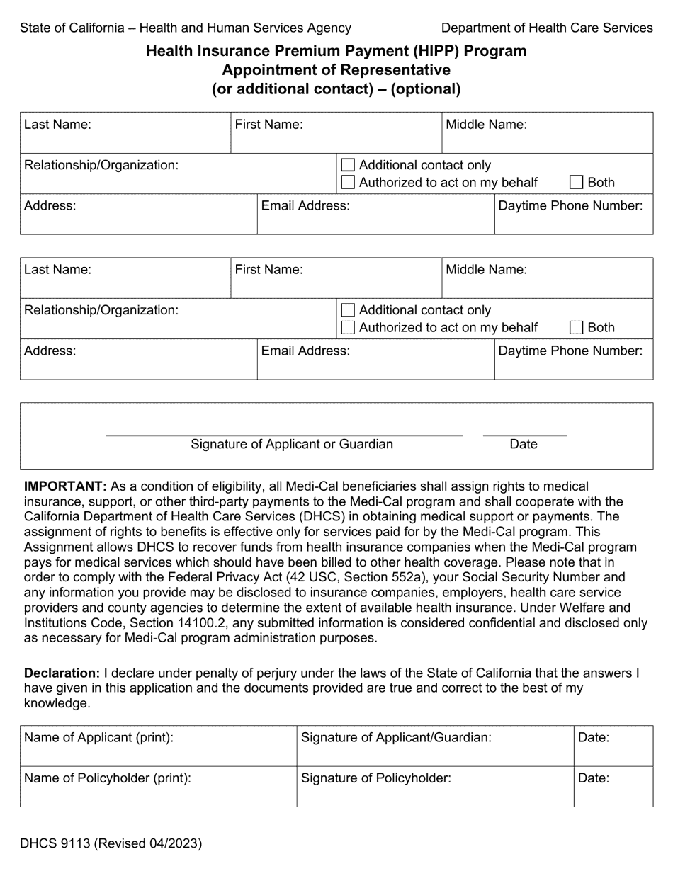 Form DHCS9113 Appointment of Representative (Or Additional Contact) - (Optional) - Health Insurance Premium Payment (HIPP) Program - California, Page 1