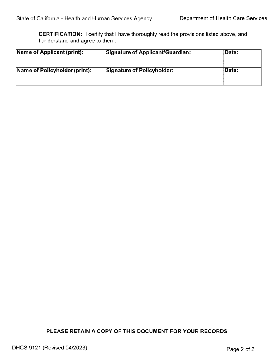 Form DHCS9121 Disclosure Statement - Health Insurance Premium Payment (HIPP) Program - California, Page 2
