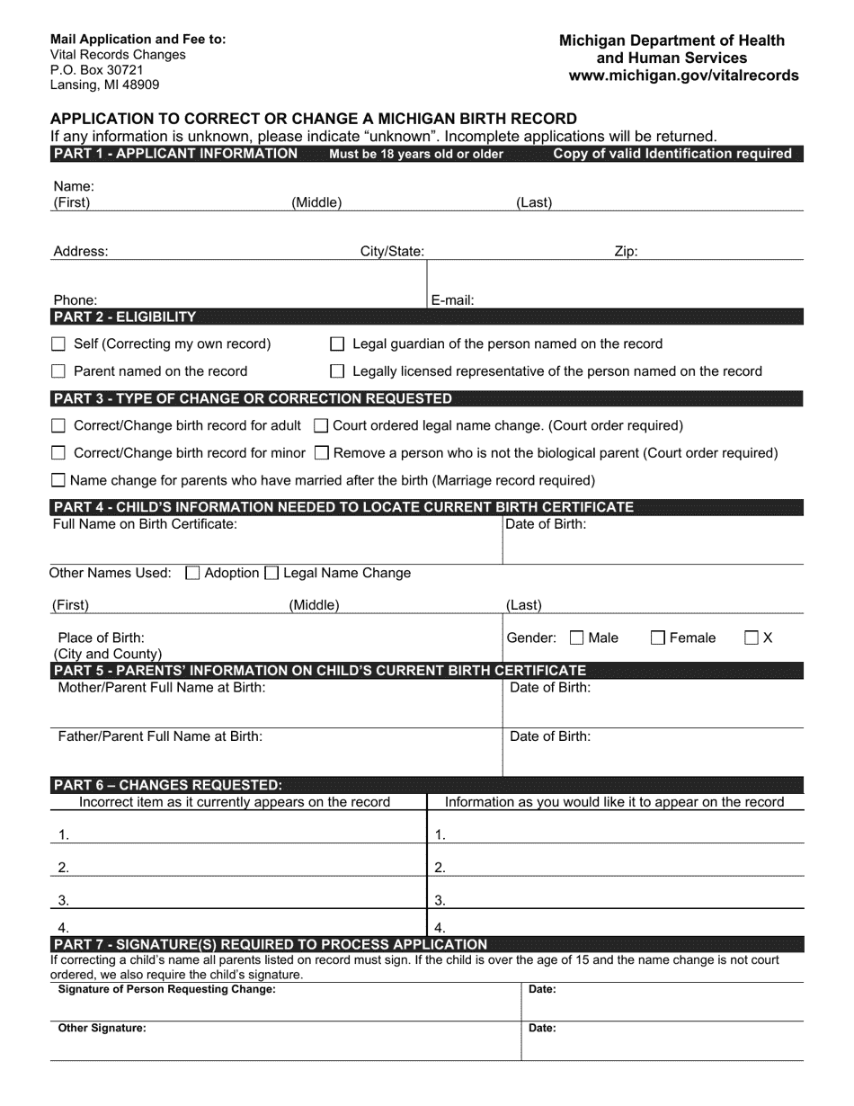 Form DCH-0847-CHGBX Application to Correct or Change a Michigan Birth Record - Michigan, Page 1