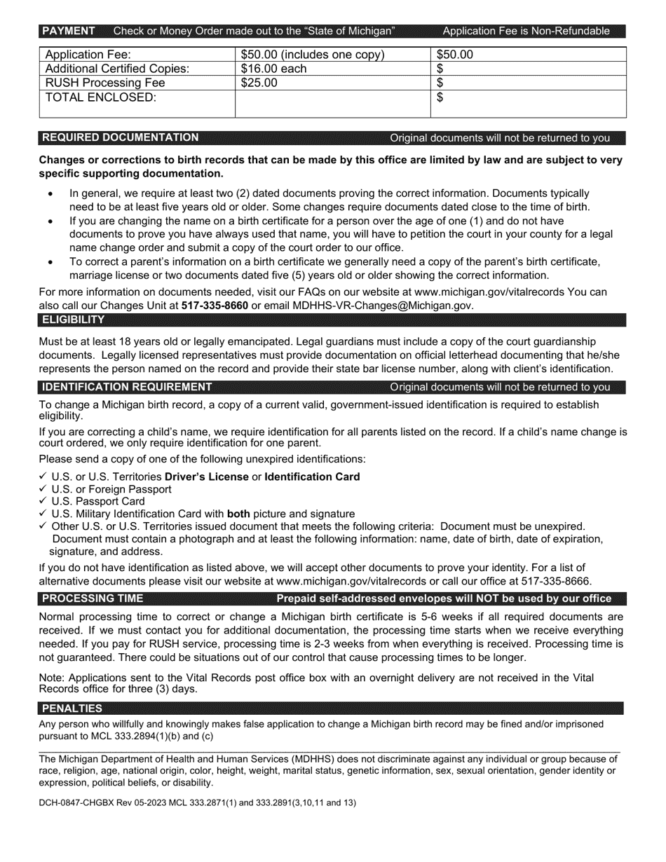 Form DCH-0847-CHGBX Application to Correct or Change a Michigan Birth Record - Michigan, Page 2
