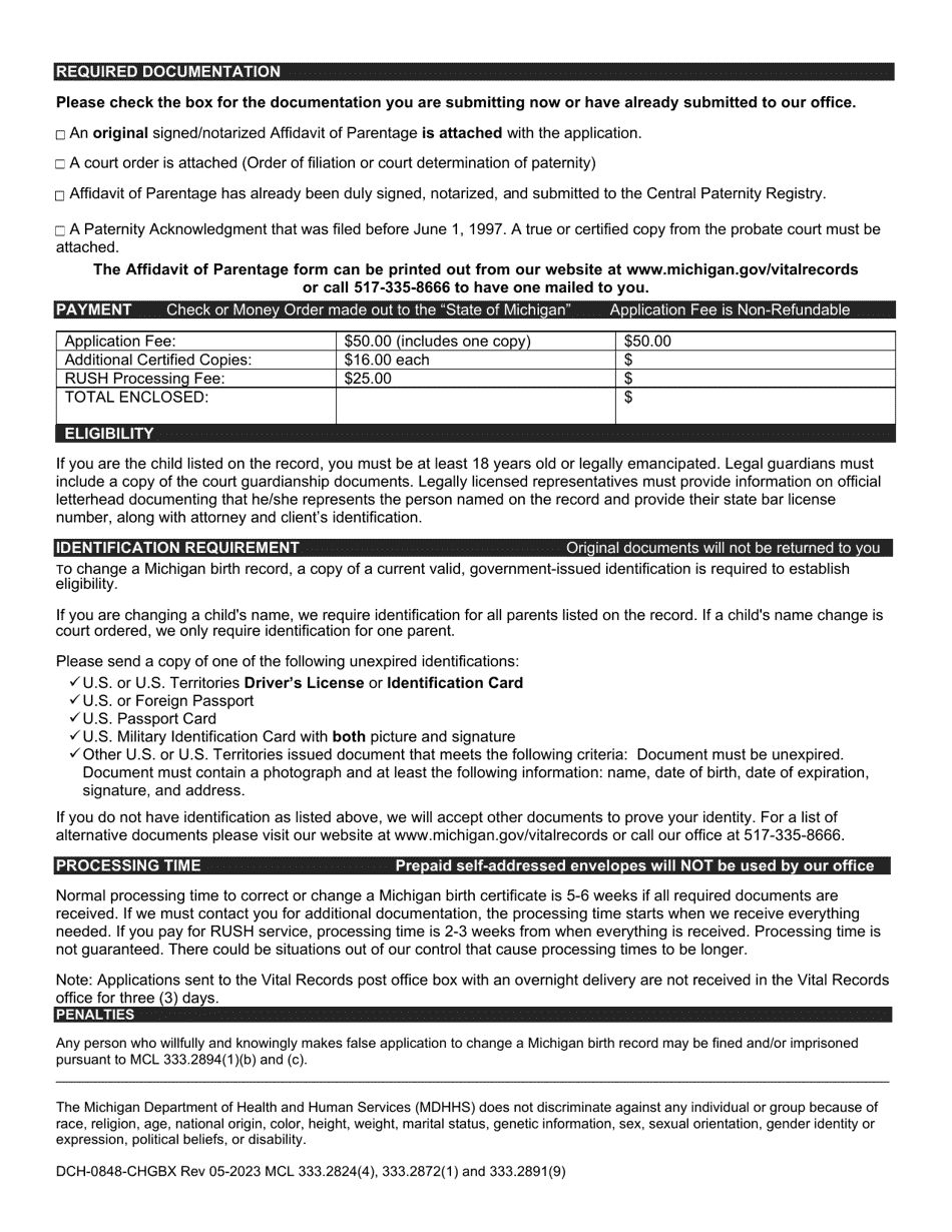 Form DCH-0848-CHGBX Application to Add a Father on a Michigan Birth Record - Michigan, Page 2