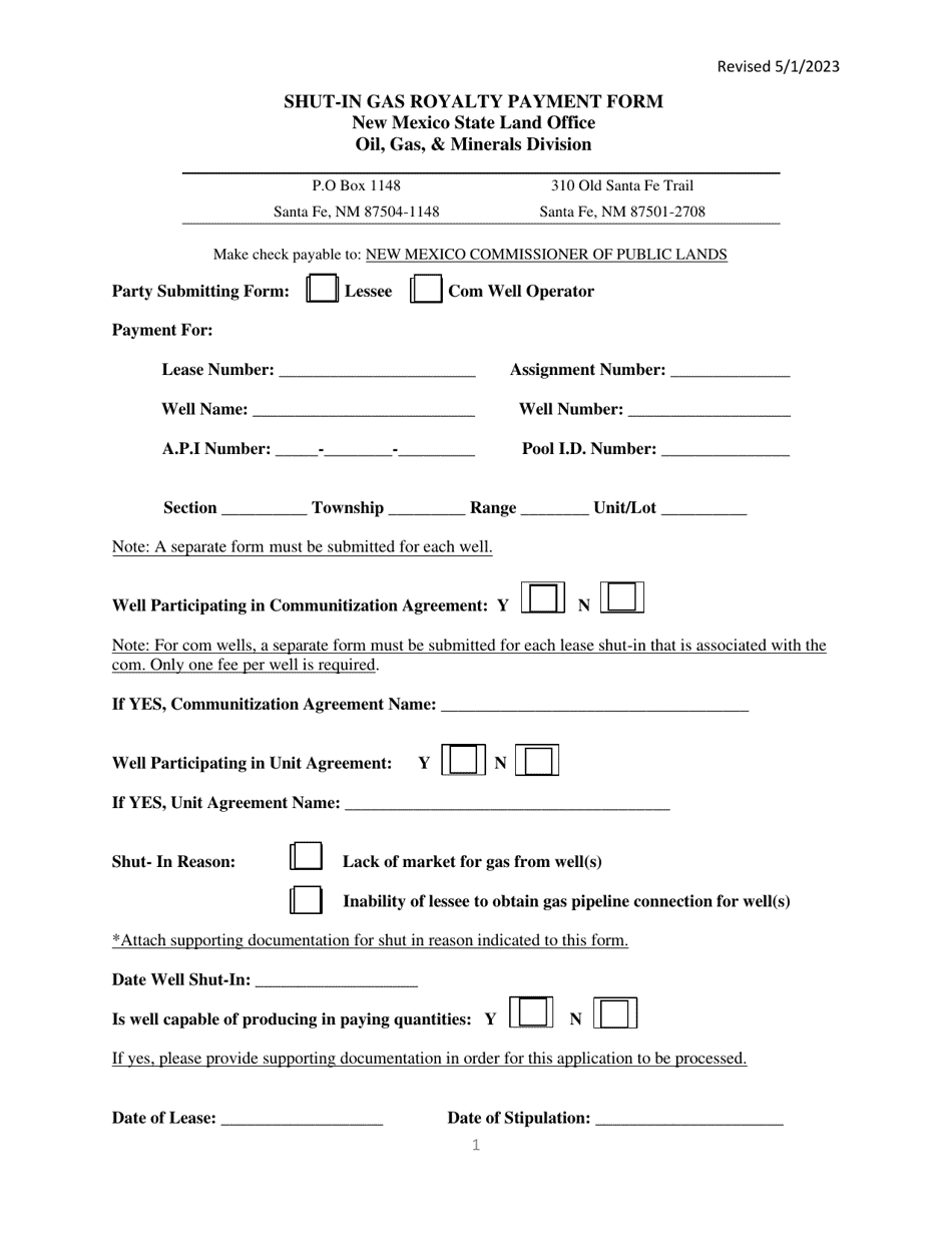 Shut-In Gas Royalty Payment Form - New Mexico, Page 1