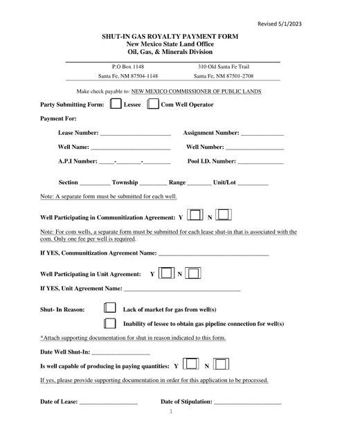 Shut-In Gas Royalty Payment Form - New Mexico