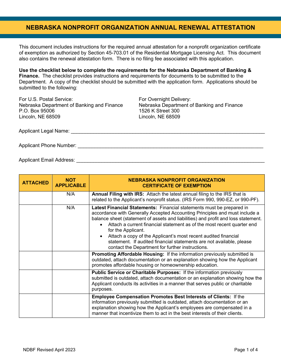 Nebraska Nonprofit Organization Annual Renewal Attestation - Nebraska, Page 1