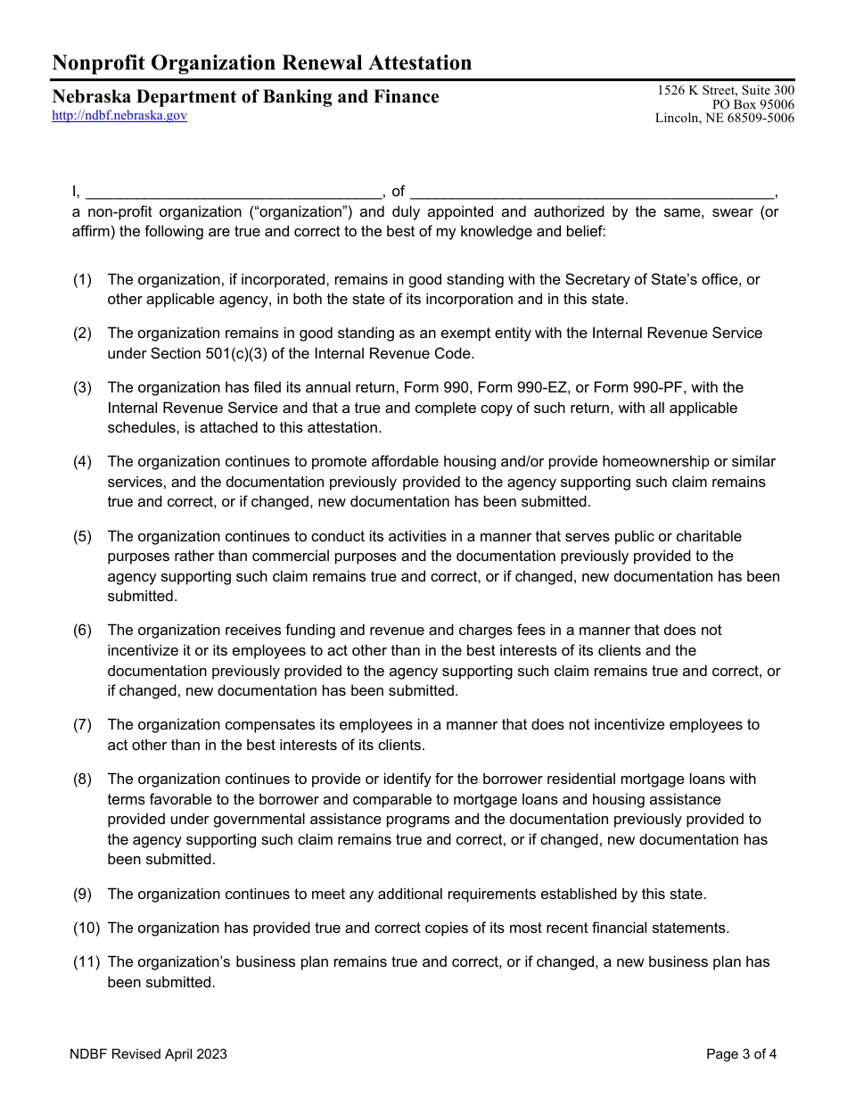 Nebraska Nonprofit Organization Annual Renewal Attestation - Nebraska, Page 3