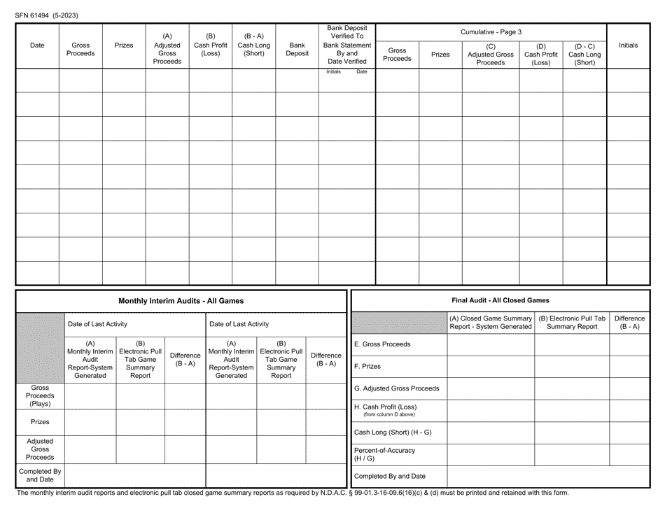 Form SFN61494 Electronic Pull Tab Summary Report - All Games - North Dakota, Page 3