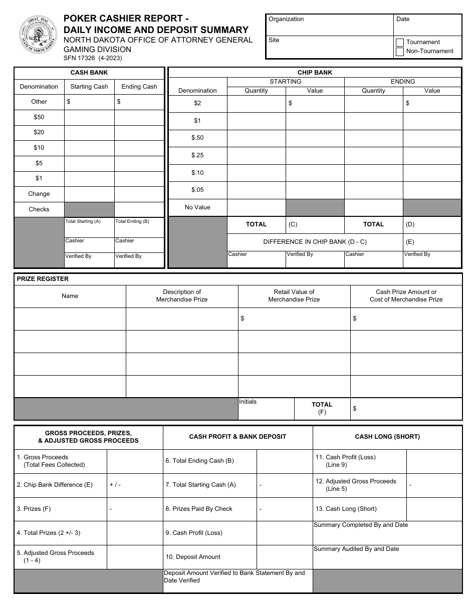 Form SFN17326 Poker Cashier Report - Daily Income and Deposit Summary - North Dakota, Page 1