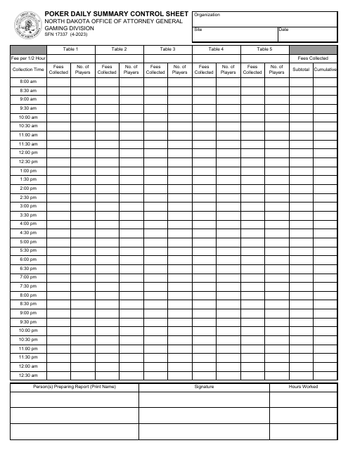 Form SFN17337 Poker Daily Summary Control Sheet - North Dakota