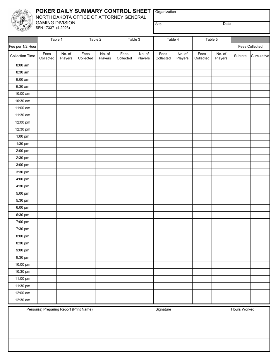 Form SFN17337 Poker Daily Summary Control Sheet - North Dakota, Page 1