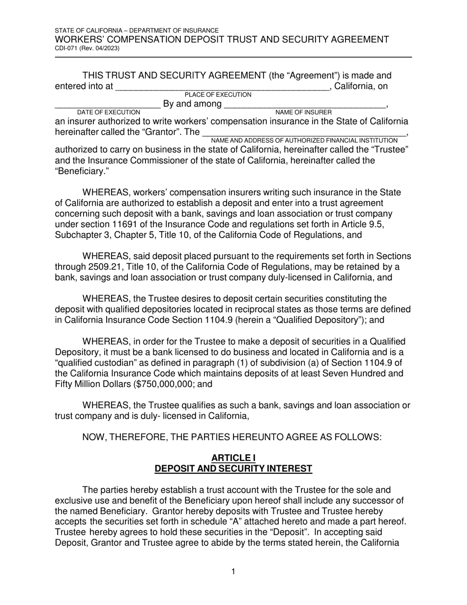 Form CDI-071 Workers Compensation Deposit Trust and Security Agreement - California, Page 1