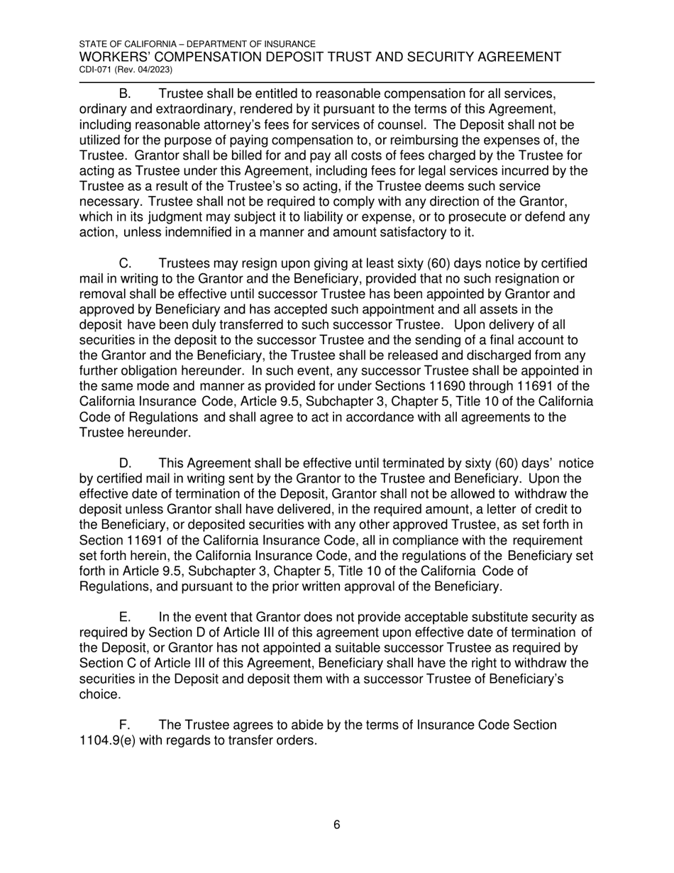 Form CDI-071 Workers Compensation Deposit Trust and Security Agreement - California, Page 6
