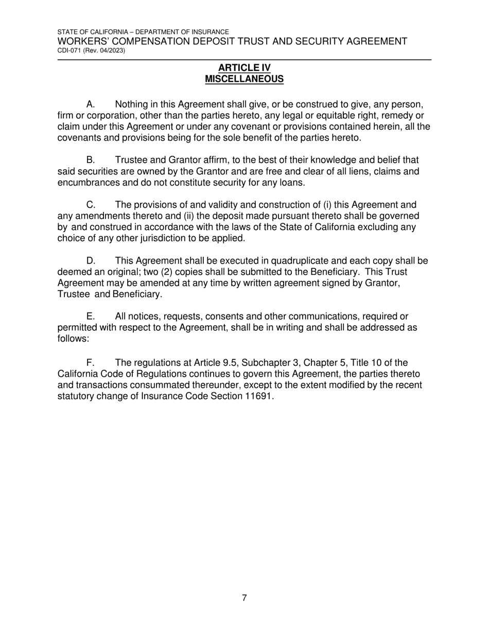 Form CDI-071 Workers Compensation Deposit Trust and Security Agreement - California, Page 7
