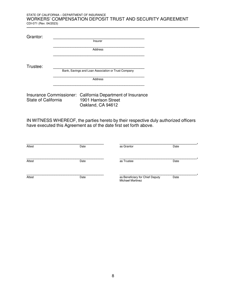 Form CDI-071 Workers Compensation Deposit Trust and Security Agreement - California, Page 8