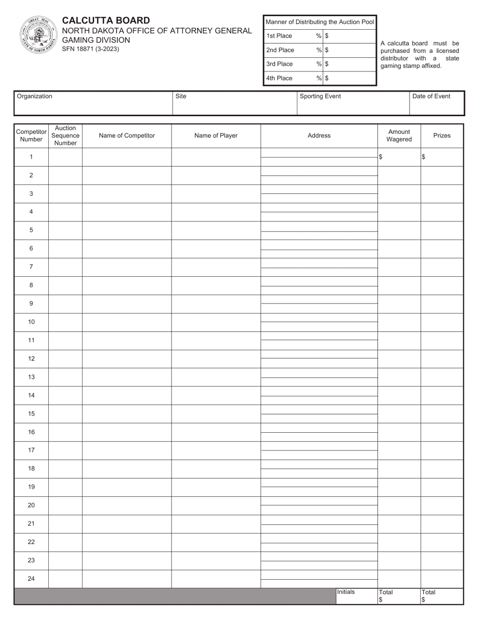 Form SFN18871 Calcutta Board - North Dakota, Page 1