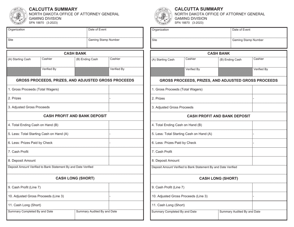 Form SFN18870 Calcutta Summary - North Dakota, Page 1