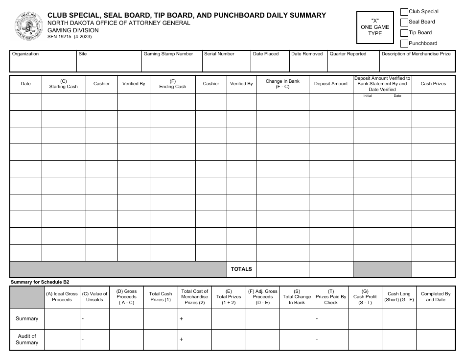 Form SFN19215 Club Special, Seal Board, Tip Board, and Punchboard Daily Summary - North Dakota, Page 1