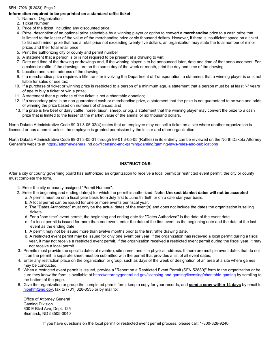 Form SFN17926 Local Permit or Restricted Event Permit - North Dakota, Page 2