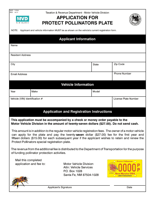 Form MVD-11203 Application for Protect Pollinators Plate - New Mexico