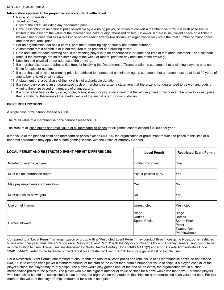 Form SFN9338 Application for a Local Permit or Restricted Event Permit - North Dakota, Page 2
