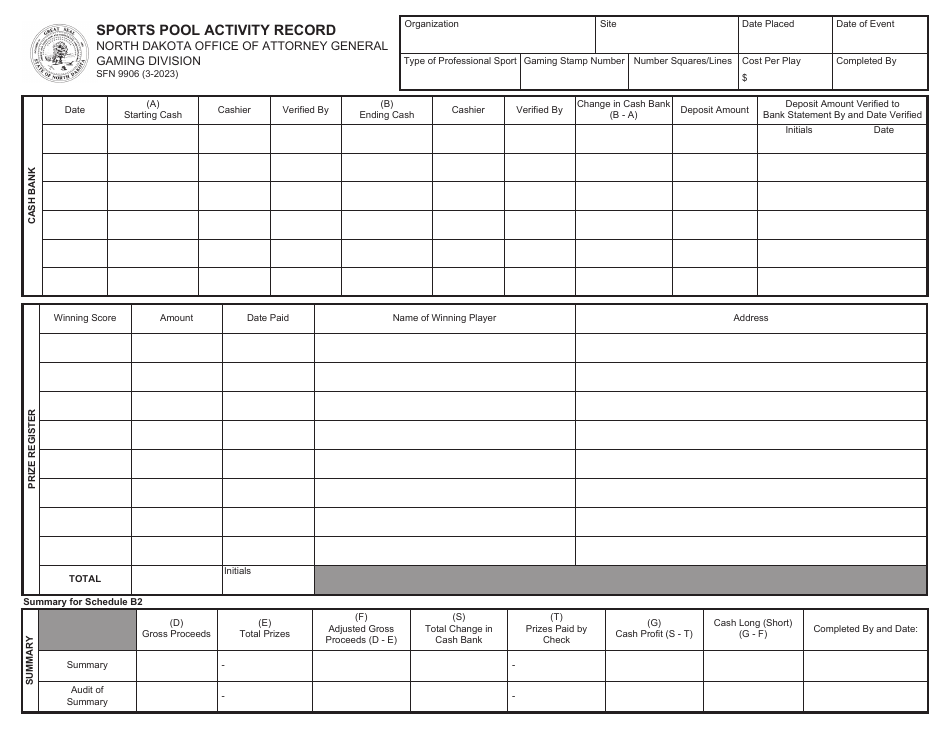 Form SFN9906 Sports Pool Activity Record - North Dakota, Page 1