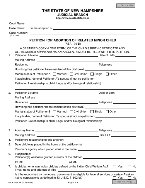 Form NHJB-3198-FP Petition for Adoption of Related Minor Child - New Hampshire