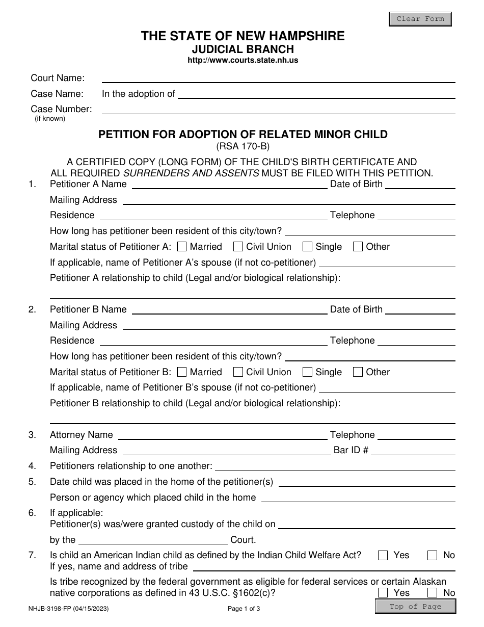 Form NHJB-3198-FP Petition for Adoption of Related Minor Child - New Hampshire, Page 1