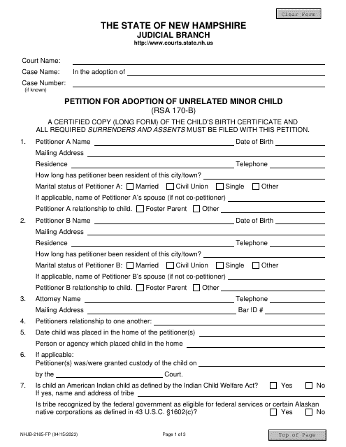 Form NHJB-2185-FP Petition for Adoption of Unrelated Minor Child - New Hampshire