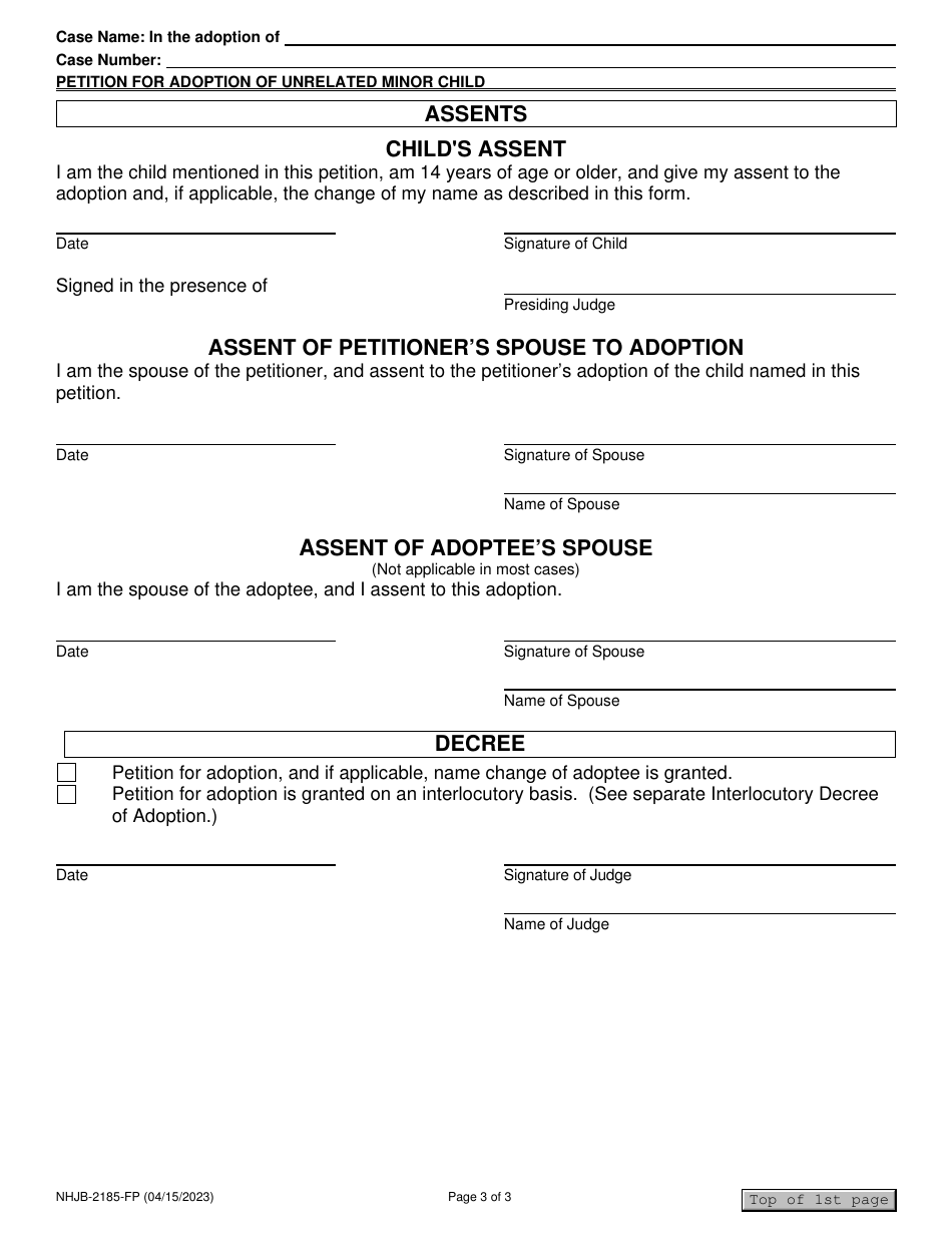 Form NHJB-2185-FP Petition for Adoption of Unrelated Minor Child - New Hampshire, Page 3