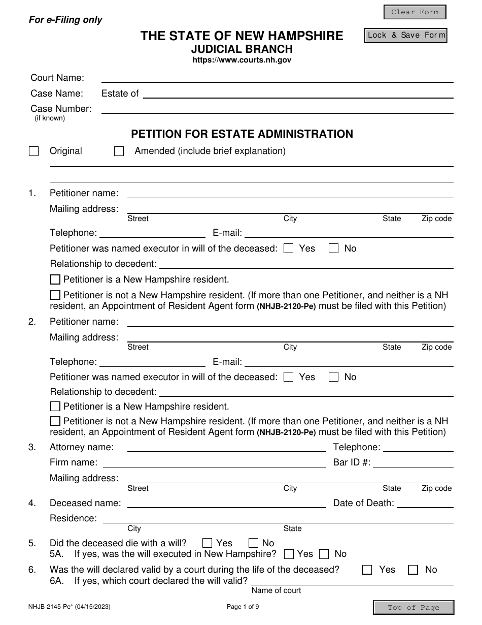 Form NHJB-2145-PE Petition for Estate Administration for E-Filing Only - New Hampshire, Page 1