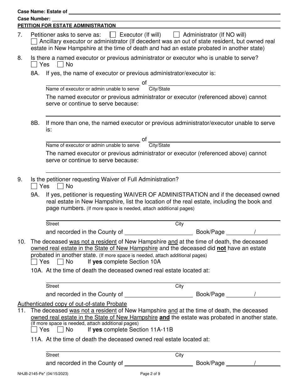 Form NHJB-2145-PE Petition for Estate Administration for E-Filing Only - New Hampshire, Page 2
