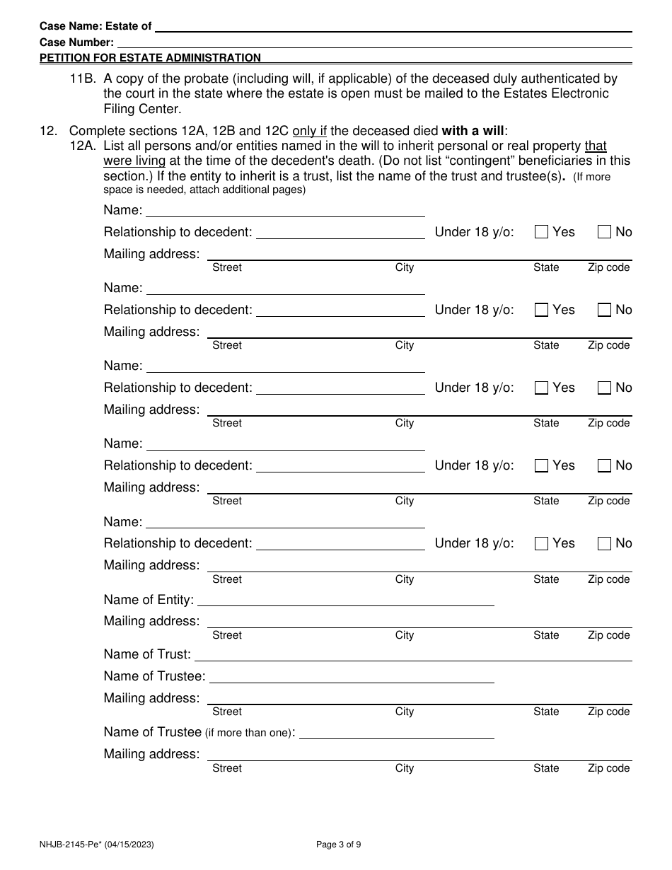 Form NHJB-2145-PE Petition for Estate Administration for E-Filing Only - New Hampshire, Page 3