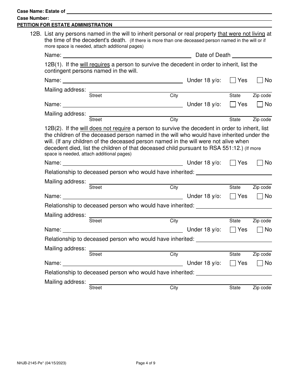 Form NHJB-2145-PE Petition for Estate Administration for E-Filing Only - New Hampshire, Page 4