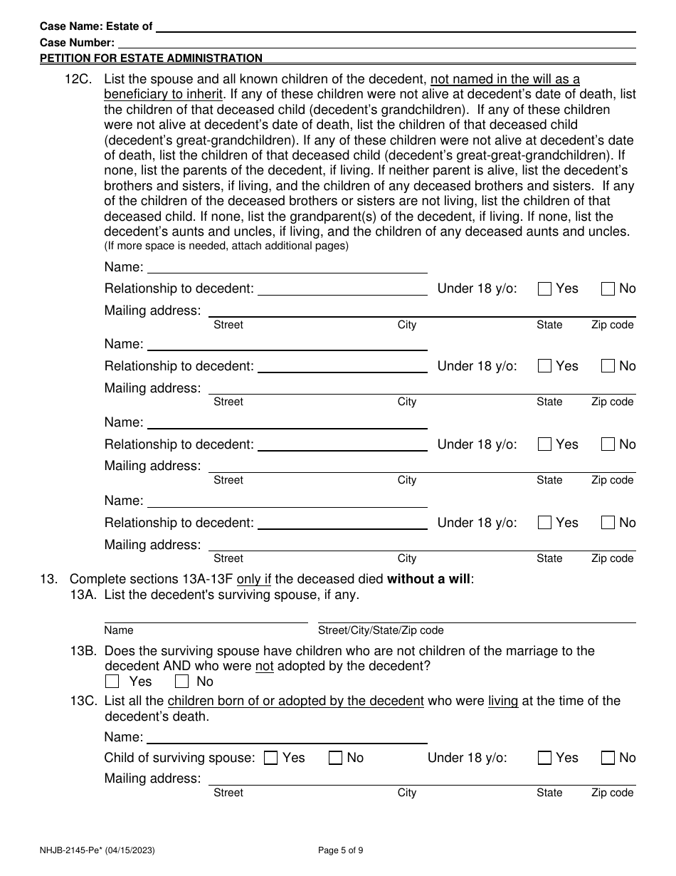 Form NHJB-2145-PE Petition for Estate Administration for E-Filing Only - New Hampshire, Page 5