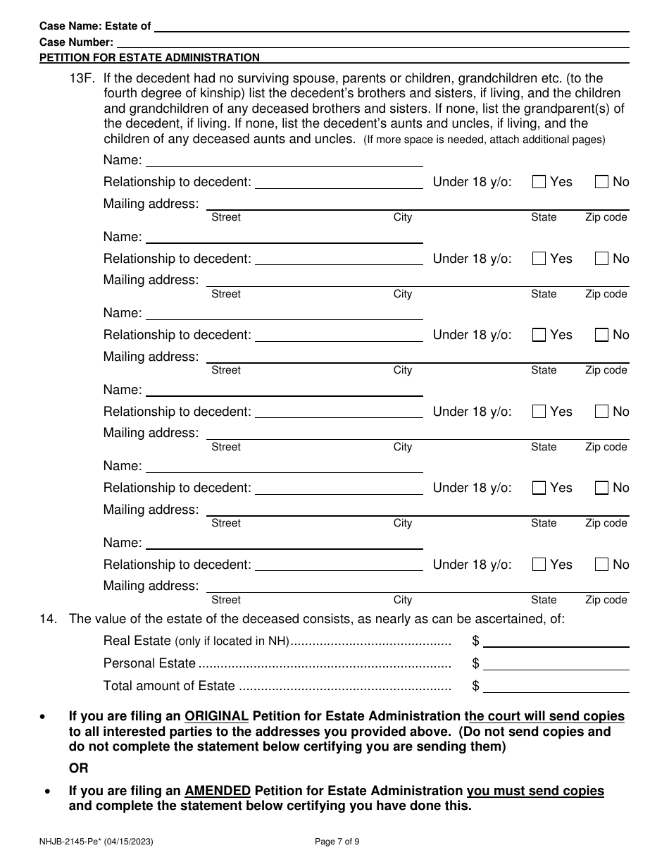Form NHJB-2145-PE Petition for Estate Administration for E-Filing Only - New Hampshire, Page 7