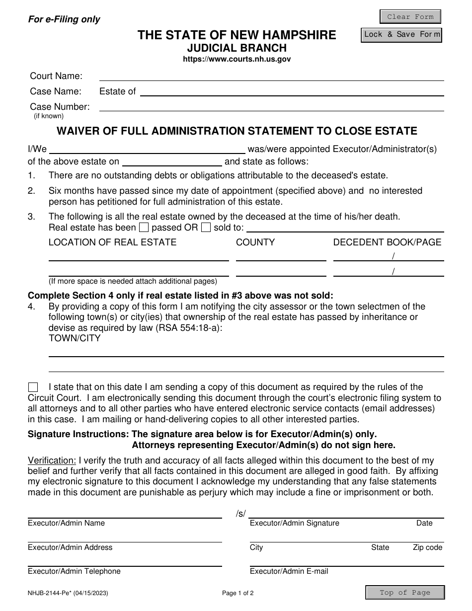Form NHJB-2144-PE Waiver of Full Administration Statement to Close Estate for E-Filing Only - New Hampshire, Page 1