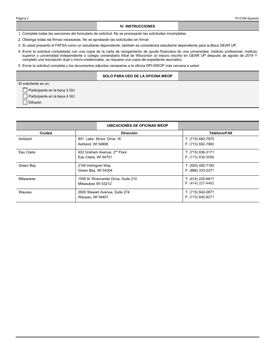 Formulario PI-5108 Solictud De Beca Gear up - Programa De Oportunidad Educativa De Wisconsin (Weop, Por Sus Siglas En Ingles) - Wisconsin (Spanish), Page 2