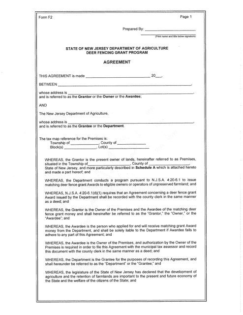 Form F2 Standard Agreement for Owner Applicant - Deer Fencing Program - New Jersey
