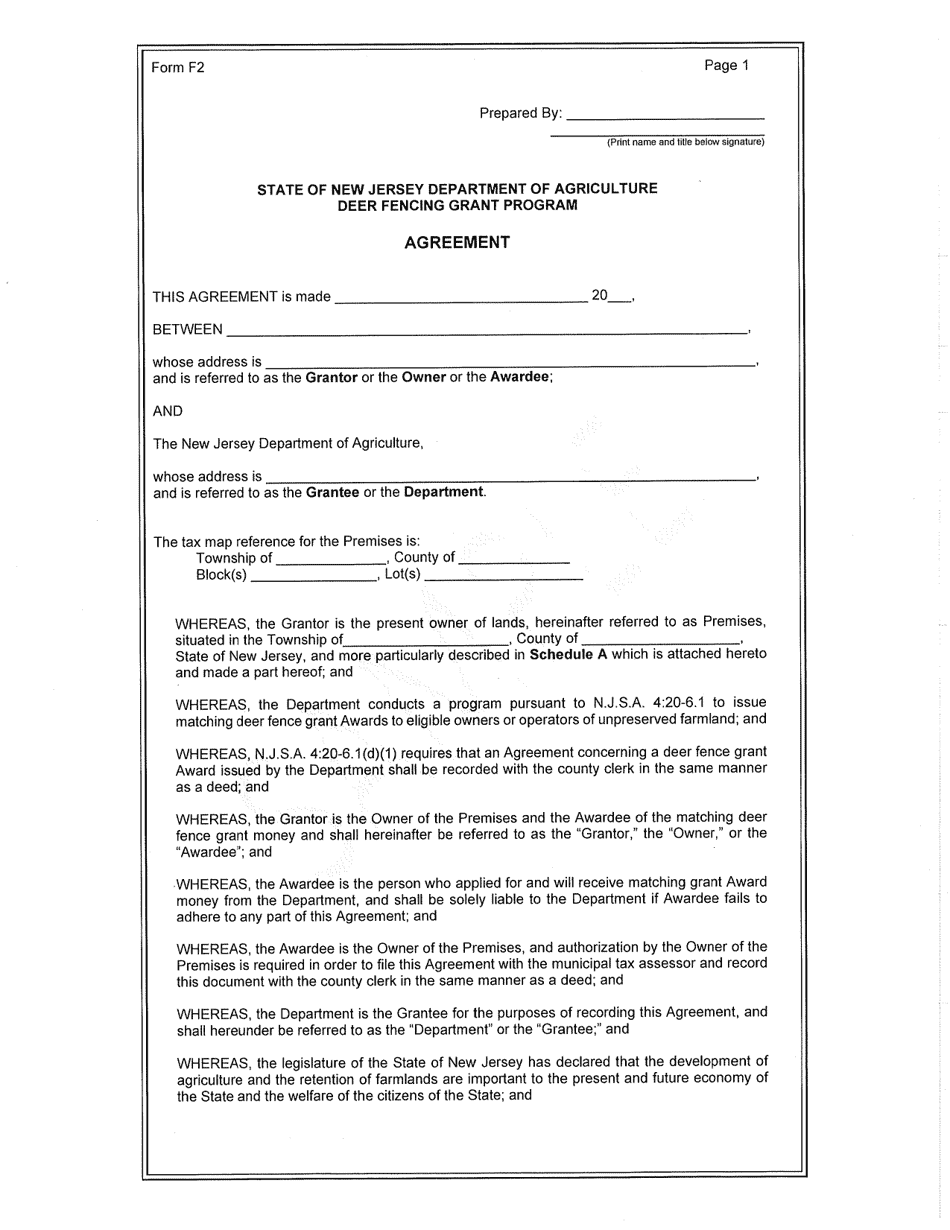 Form F2 Standard Agreement for Owner Applicant - Deer Fencing Program - New Jersey, Page 1